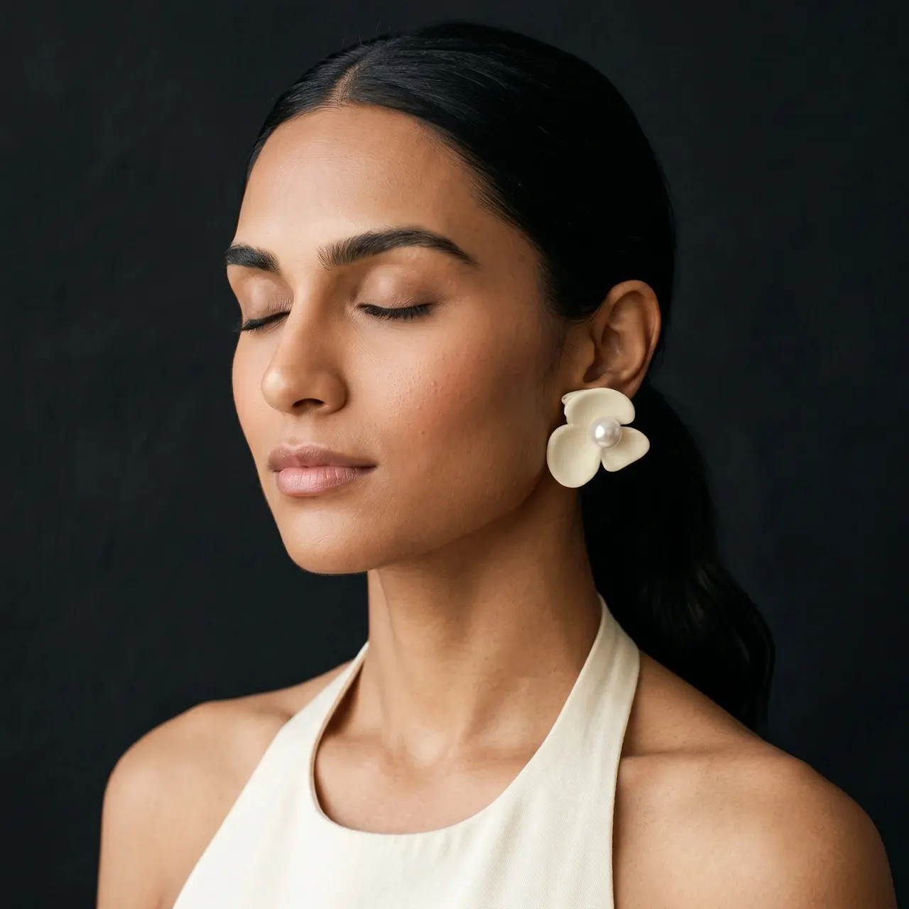 Kalika Matte Flower Clip-On Earrings (Cream) — view 2
