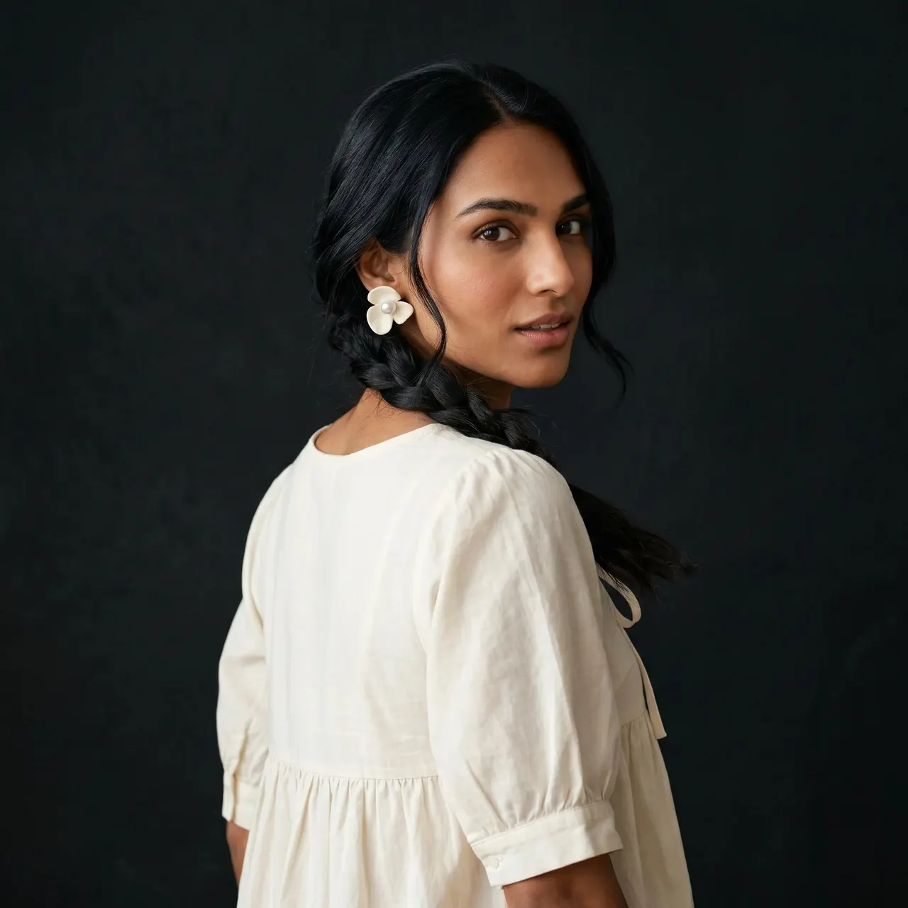 Kalika Matte Flower Clip-On Earrings (Cream) — view 5