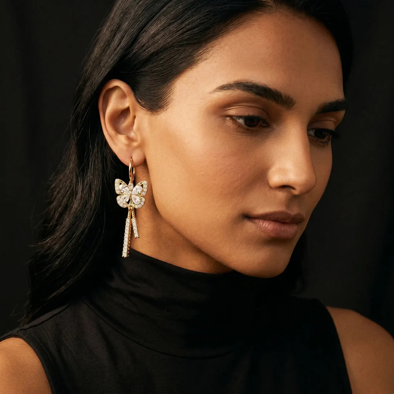 Mira Butterfly Crystal Drop Earrings — view 2