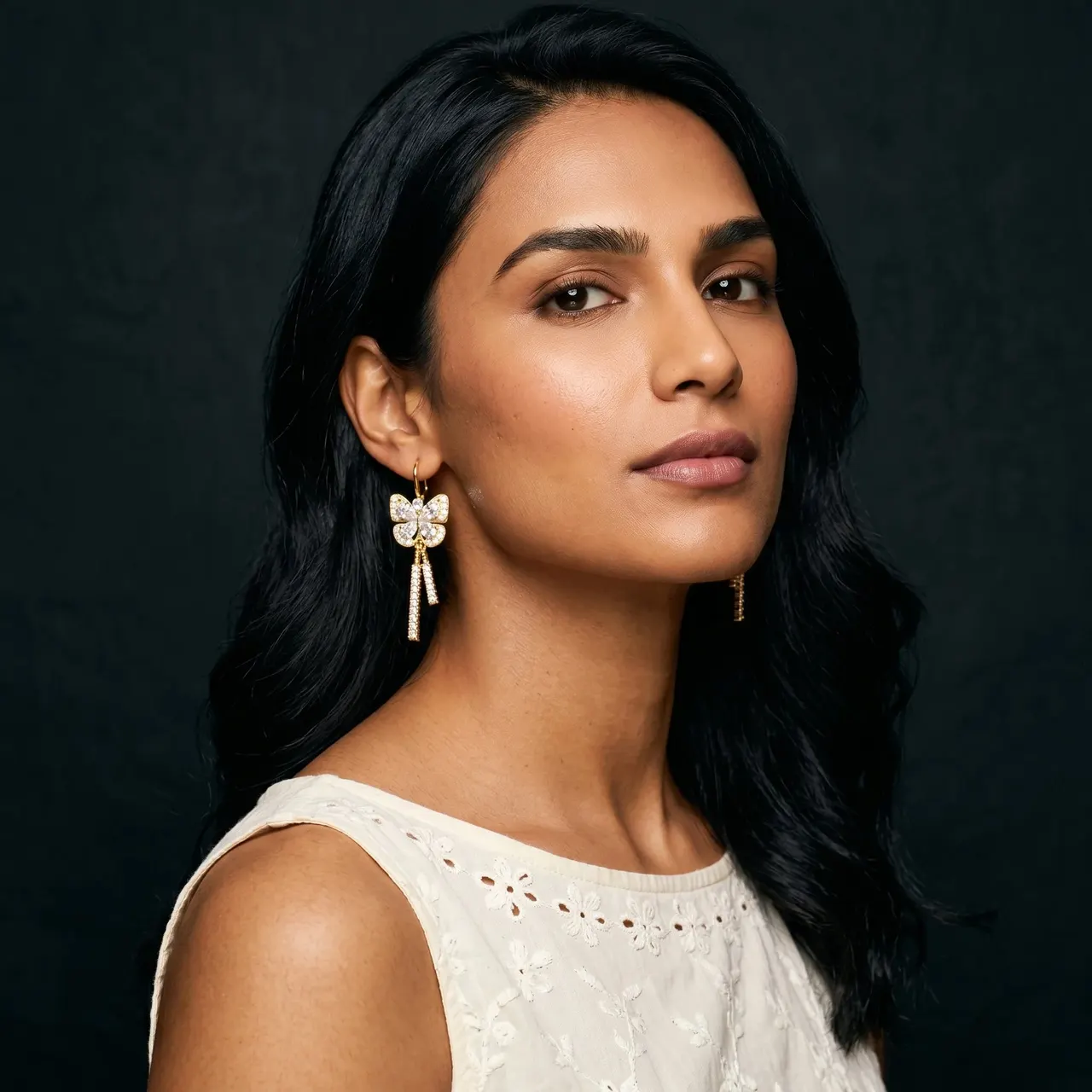 Mira Butterfly Crystal Drop Earrings — view 6