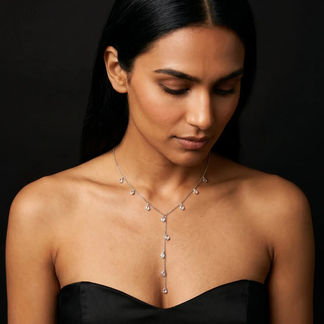 Nira Crystal Teardrop Y-Necklace (Silver) — view 2
