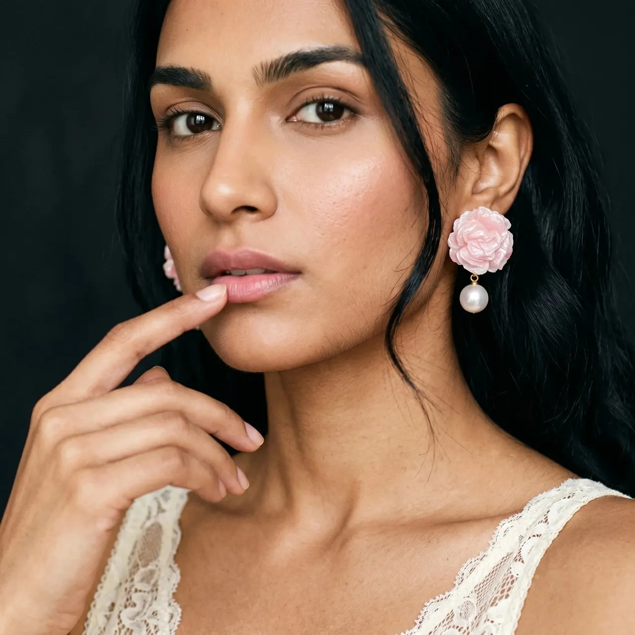 Roza Pink Rose Pearl Drop Earrings — view 2
