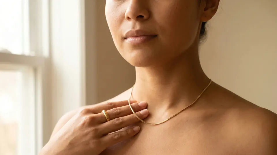 Jewellery for sensitive skin — Soleil Snake Chain Pendant on medium skin tone from Aurum & Isle