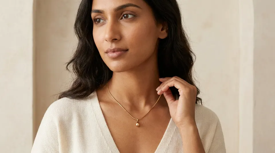 Woman wearing a nickel-free snake chain pendant styled for daily wear