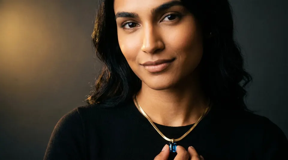 Soleil Snake Chain pendant styled on a warm cream backdrop — anti-tarnish gold herringbone chain with emerald-cut blue stone — Aurum & Isle.