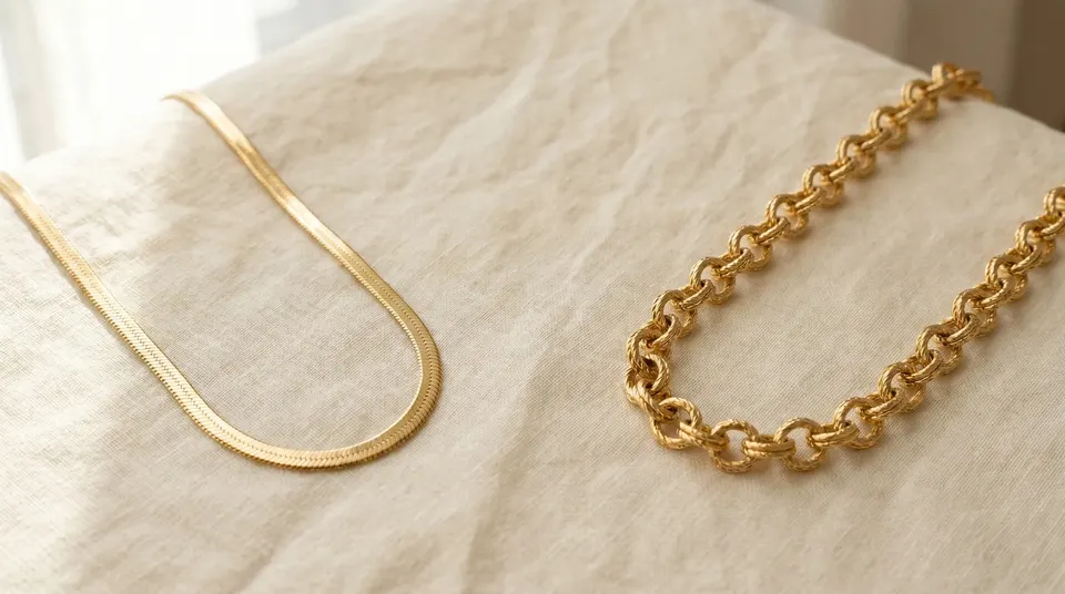 Snake chain vs cable chain — two gold chains on cream linen from Aurum & Isle